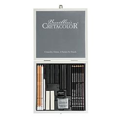 Cretacolor Black & White Selection Graphite Drawing Set of 25 in Wooden Box Front Open Contents
